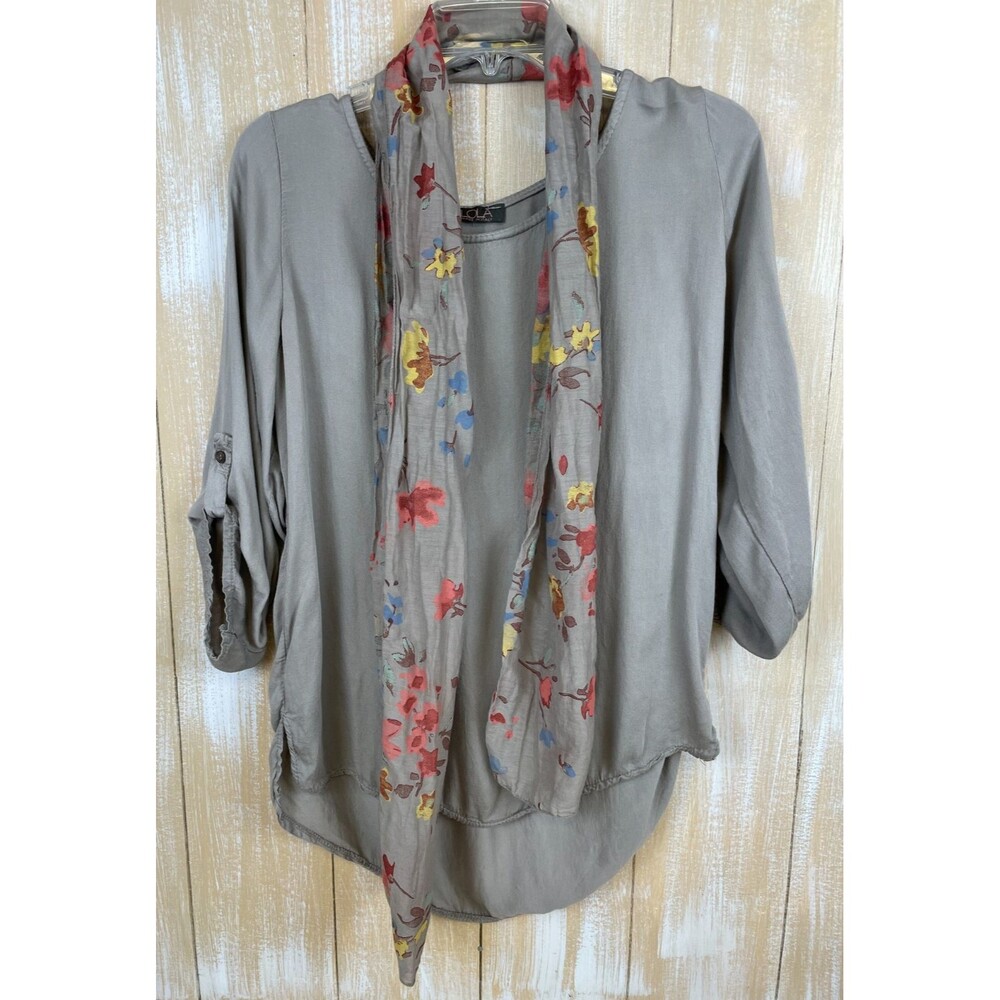 Lola Made in Italy Size M Gray Soft Roll Tab Sleeve Top w/coordinating Scarf